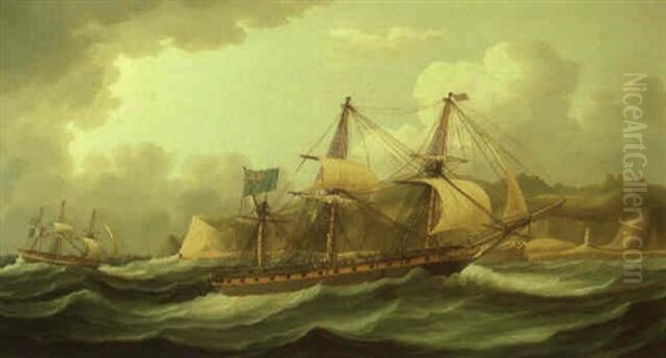 H.m.s. Minerve Entering The Tagus With A French Prizae Oil Painting by Thomas Buttersworth