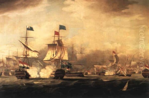 The Battle Of Camperdown, 11 October 1797, The Dutch And    English Flagships In Action In The Foreground Oil Painting by Thomas Buttersworth