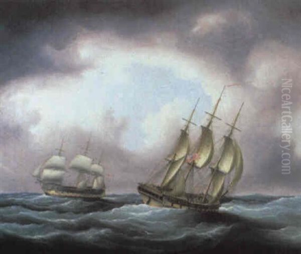 British Men-o'-war In A Swell Oil Painting by Thomas Buttersworth