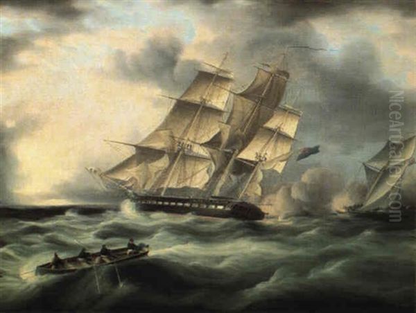 British Frigate Engaging A French Schooner Oil Painting by Thomas Buttersworth