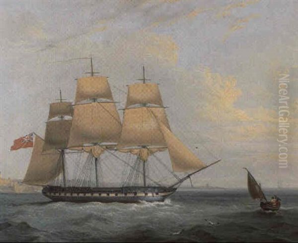 A Royal Navy Frigate Coming Out Of Valletta by Thomas Buttersworth