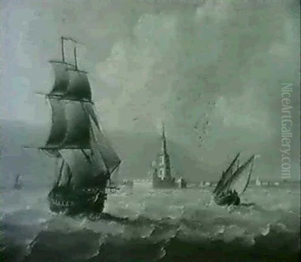 Shipping Off The Coast  Shipping In Rough Seas Off The Coast Oil Painting by Thomas Buttersworth