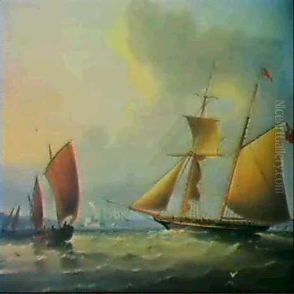 A Schooner And Other Shipping With The Tower Of Babel And   Lisbon Beyond Oil Painting by Thomas Buttersworth