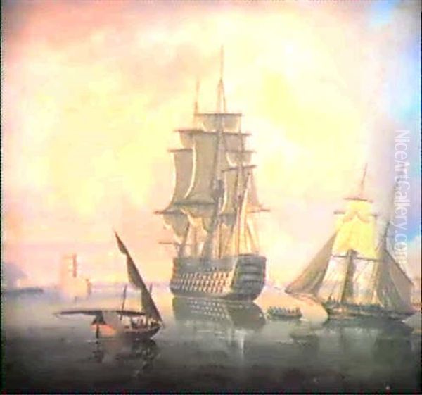 Shipping In A Calm Off A Fort Oil Painting by Thomas Buttersworth