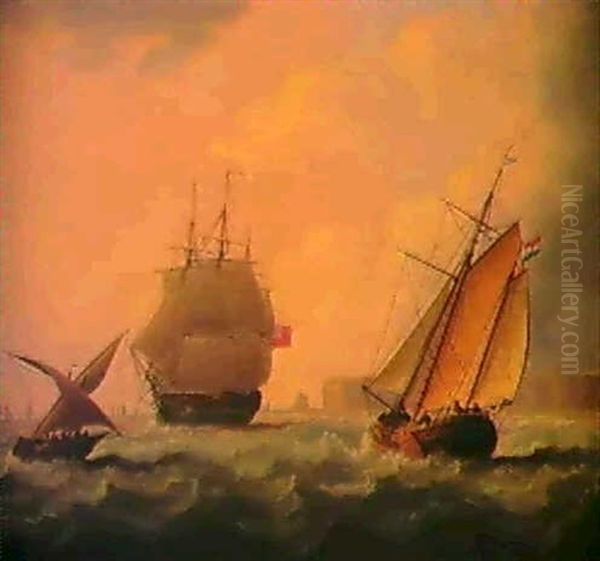 Three Masted British Ship With                              Dutch And Other Shipping Oil Painting by Thomas Buttersworth