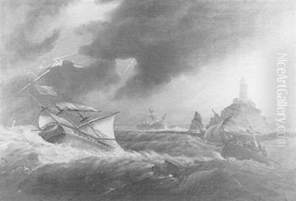 Shipping In A Storm Off A Lighthouse Oil Painting by Thomas Buttersworth