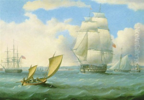 Euryalus (capt. Blackwood), Thunderer And Ajax Leaving Pl-  Ymouth On The Way To Cadiz Andthe Battle Of Trafalgar 1805 Oil Painting by Thomas Buttersworth