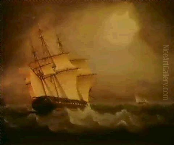 British Frigate In Pursuit Of A French Cutter During The    Napoleonic Wars Oil Painting by Thomas Buttersworth