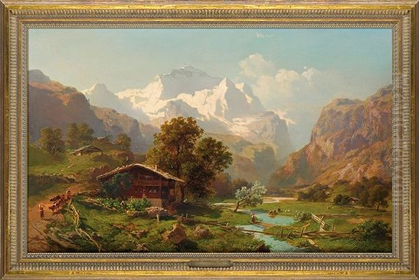 Lauterbrunner Valley Showing Jungfrau Oil Painting by Joseph Nikolaus Buettler