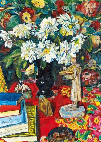 Blumenstillleben Mit Malerfigurchen Oil Painting by Erich Buettner