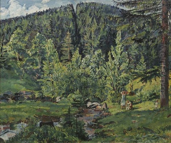 Schwarzwaldlandschaft Mit Zwei Madchen An Einem Bach Am Waldrand Oil Painting by Erich Buettner