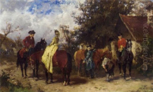 Preparing For The Ride Oil Painting by Georg Heinrich Buettner