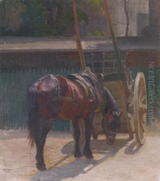 A Cart Horse In A Yard Oil Painting by Helene Buettner