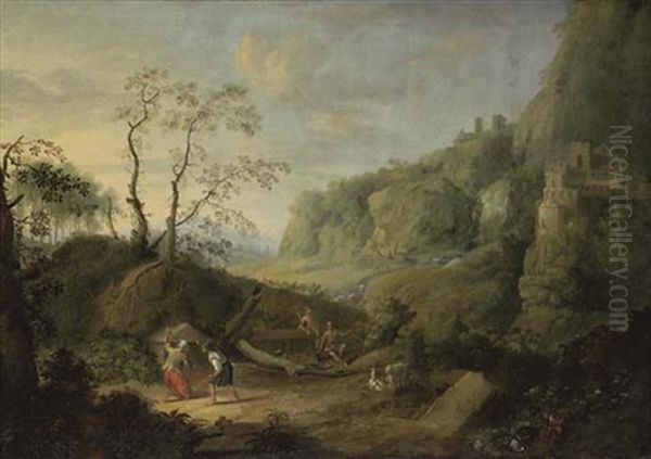 A Mountainous Wooded Landscape With Figures Beside A Tomb In The Foreground, With Buildings Perched On The Edge Of A Rocky Outcrop Beyond Oil Painting by John Butts