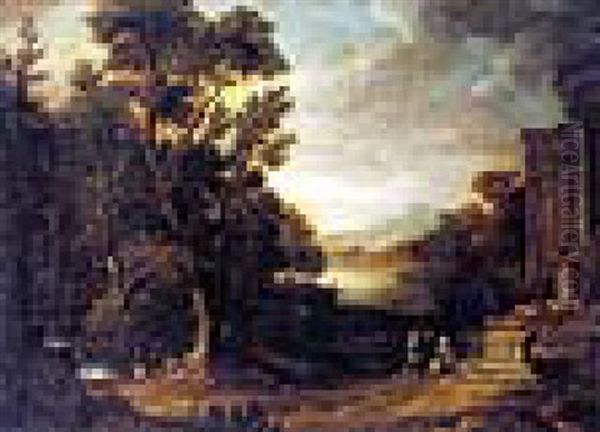 Classical River Landscape With Figures By Ruins Oil Painting by John Butts