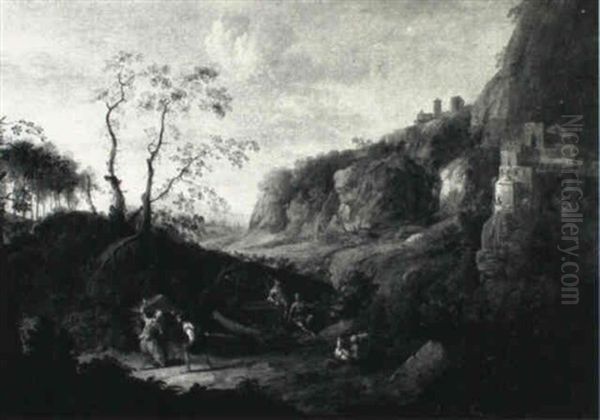 Classical Landscape With Figures Near A Fortress Oil Painting by John Butts