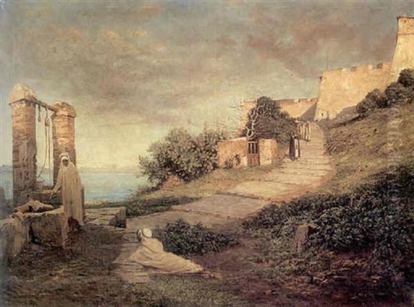 An Extensive Coastal Landscape With Arab Figures By A Well Oil Painting by Antoine Eugene Ernest Buttura