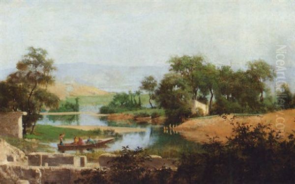 An Italianate River Landscape With Figures Boating Before Ruins Oil Painting by Eugene Ferdinand Buttura