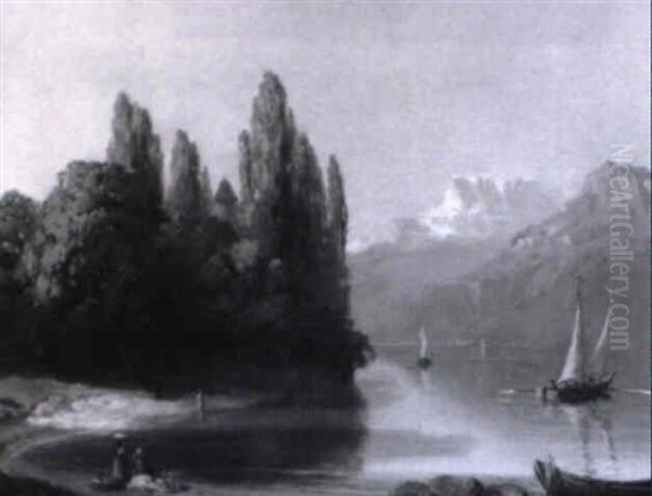 Schweizer Gebirgssee Mit Fischerbooten Auf Dem Wasser Oil Painting by Abraham Louis Buvelot