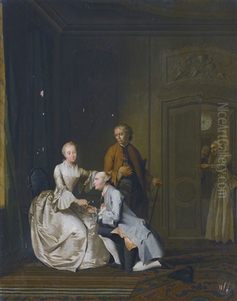 Interior Scene With A Lady And Two Suitors Oil Painting by Jacob Buys