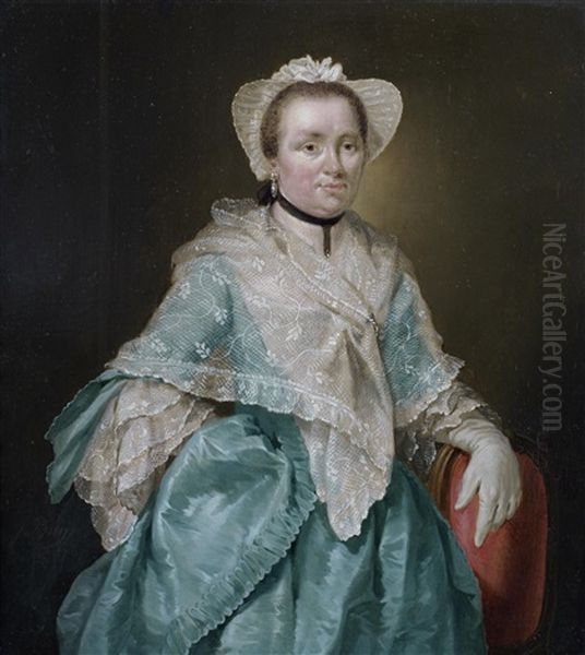 Portrait Of A Lady, Three-quarter-length, In A Blue Silk Dress, A White Lace Shawl And A White Bonnet Oil Painting by Jacob Buys