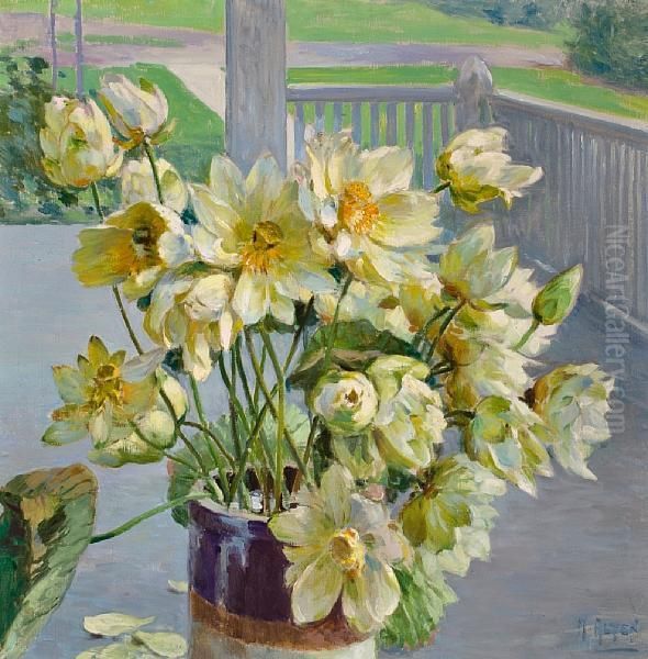 Lotus Blossoms On A Porch Oil Painting by Mathias Joseph Alten