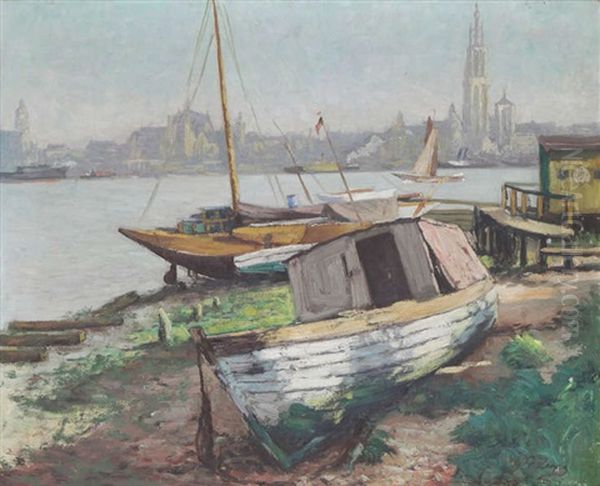 La Rade D'anvers, Vue De La Rive Gauche Oil Painting by Georges Leon Ernest Buysse