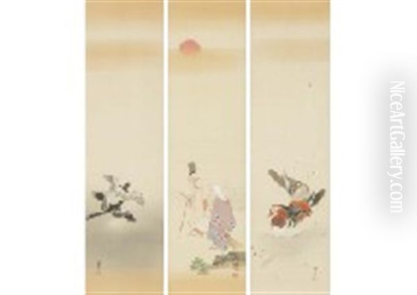 Takasago; Sparrow (a Set Of 3 Scrolls) Oil Painting by Kimura Buzan