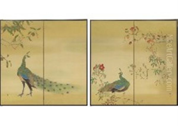 Peacocks In Autumn (a Pair Of 2-panel Byobu Screens) Oil Painting by Kimura Buzan