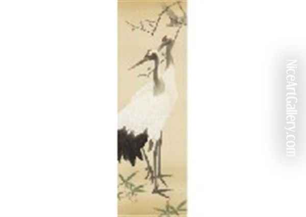 Two Crane Oil Painting by Kimura Buzan