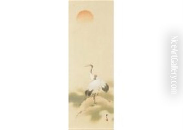 Two Cranes On The Rock Oil Painting by Kimura Buzan