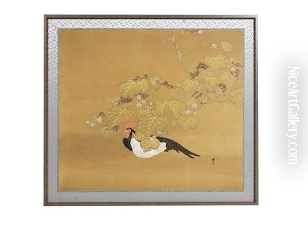 A Cockerel And Hen Partly Covered Beneath Over-arching Large Fruiting Foilage Oil Painting by Kimura Buzan