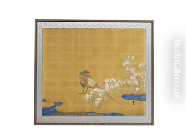 Decorated With A Solitary Pheasant Beside Flowering Azalea Growing Beside A Stream Oil Painting by Kimura Buzan