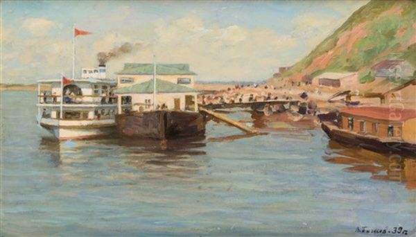 The Kozmodemyansk Marina Oil Painting by Vyacheslav Pavlovich Bychkov