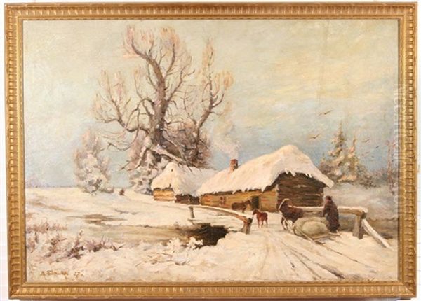 A Winter Twilight Oil Painting by Vyacheslav Pavlovich Bychkov