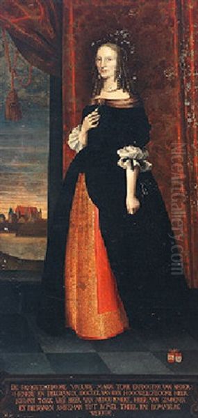 Portrait Of Lady Maria Tork, Wearing A Black Dress With White Cuffs Over A Red Skirt, With A View Of Castle In Background Oil Painting by Harmen de Bye