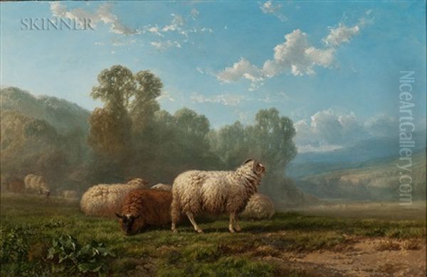 Sheep In A Summer Landscape Oil Painting by Alfred Eduard Agenor de Bylandt