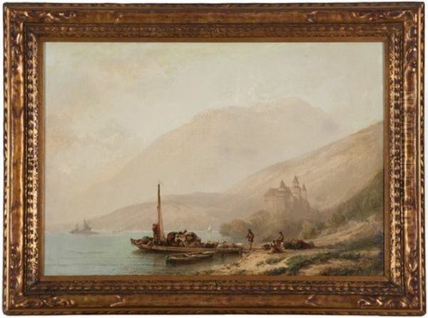 Docked Boat And Figures With A Castle In The Background Oil Painting by Alfred Eduard Agenor de Bylandt