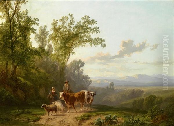 Romantische Landschaft Mit Schaferpaar Oil Painting by Alfred Eduard Agenor de Bylandt