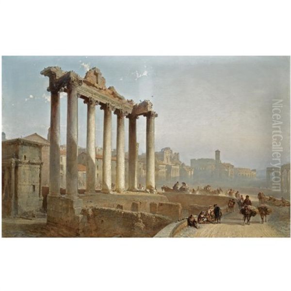 Figures Near The Temple Of Saturn On The Forum Romanum, Rome Oil Painting by Alfred Eduard Agenor de Bylandt