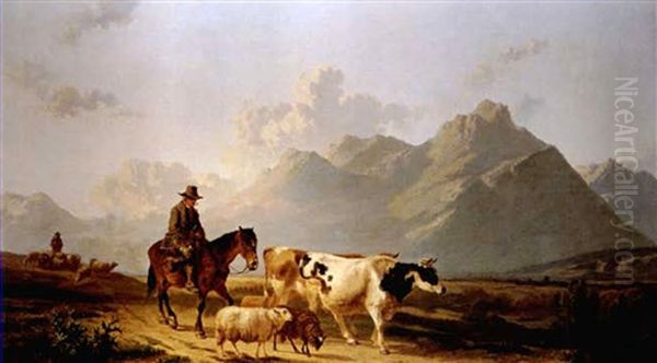 Bauer Mit Huhnerkorb Zu Pferd Mit Vieh Auf Dem Heimweg Oil Painting by Alfred Eduard Agenor de Bylandt