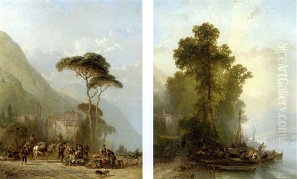 Market Day In Cannobbio (+ End Of The Day, Maggiore; 2 Works) Oil Painting by Alfred Eduard Agenor de Bylandt