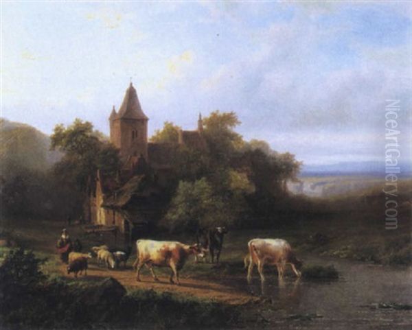 Hirten Mit Kuhen Und Schafen An Der Tranke Oil Painting by Alfred Eduard Agenor de Bylandt