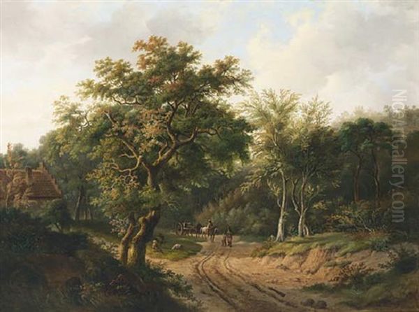 Travellers On A Path In A Wooded Landscape Oil Painting by Alfred Eduard Agenor de Bylandt