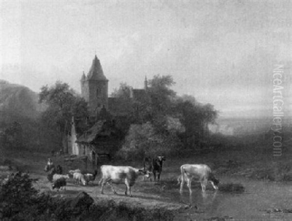 Hirten Mit Kuhen Und Schafen Am Flus Vor Alten Hausen Und Gotischer Kirche Oil Painting by Alfred Eduard Agenor de Bylandt