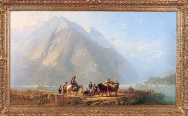 Mountainous Lake Scene With Peasants, Horse Drawn Cart And Flock Of Sheep On A Rocky Road Oil Painting by Alfred Eduard Agenor de Bylandt