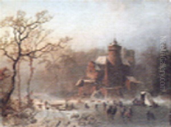 Skaters On A Frozen Lake Near A Castle Oil Painting by Alfred Eduard Agenor de Bylandt