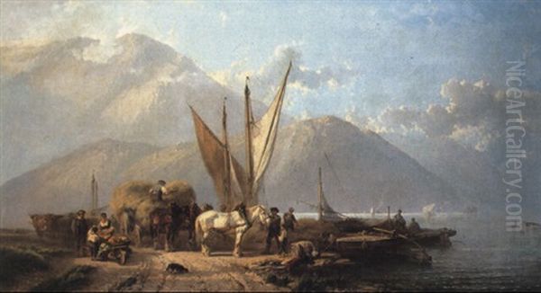 A Mountain Lake Scene With Figures, Horses And Barges In Foreground Oil Painting by Alfred Eduard Agenor de Bylandt