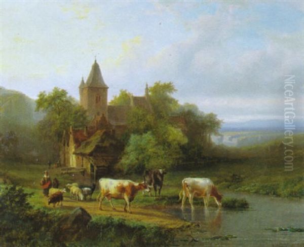 Hirtin Mit Kuhen Und Schafen An Der Tranke Vor Dem Dorf Oil Painting by A. de Bylant