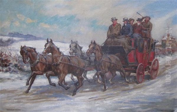 A Coach And Horses On A Country Road by William Hounsom Byles